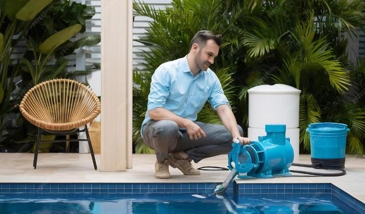 Pool heat cool pump system installed to maintain ideal swimming pool temperature year-round