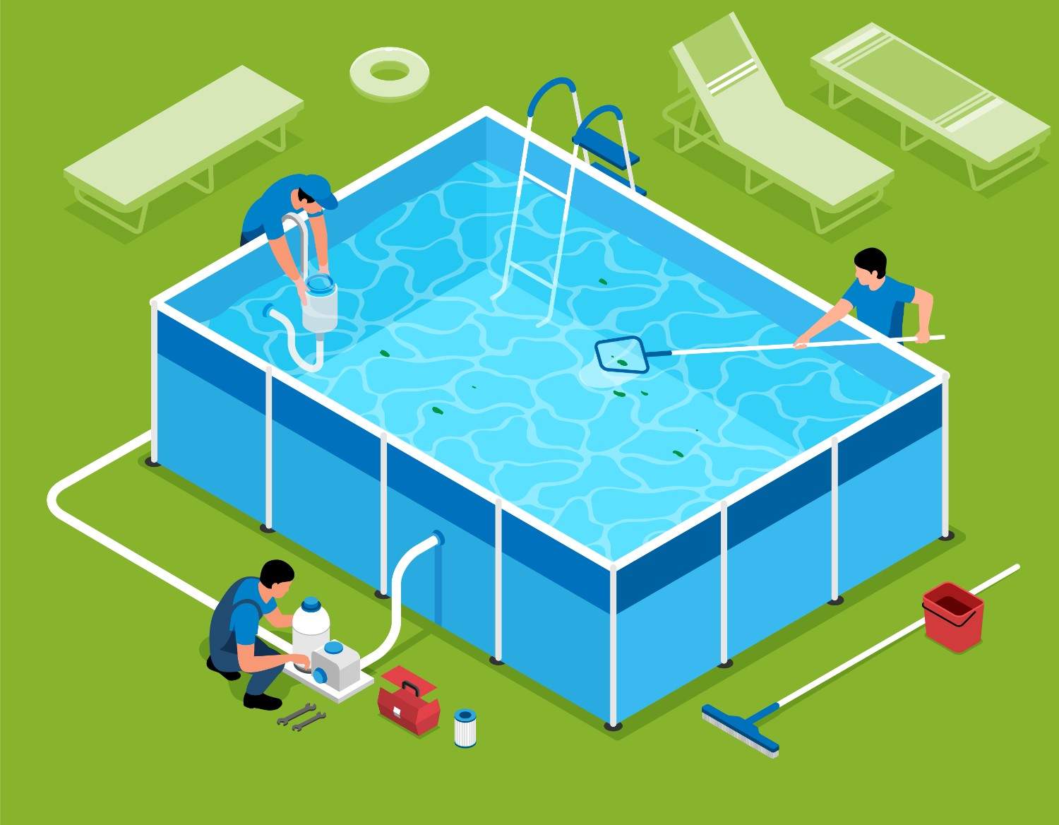 Technician performing swimming pool AMC service including pool cleaning, water testing, and equipment inspection for safe and clear pool water.